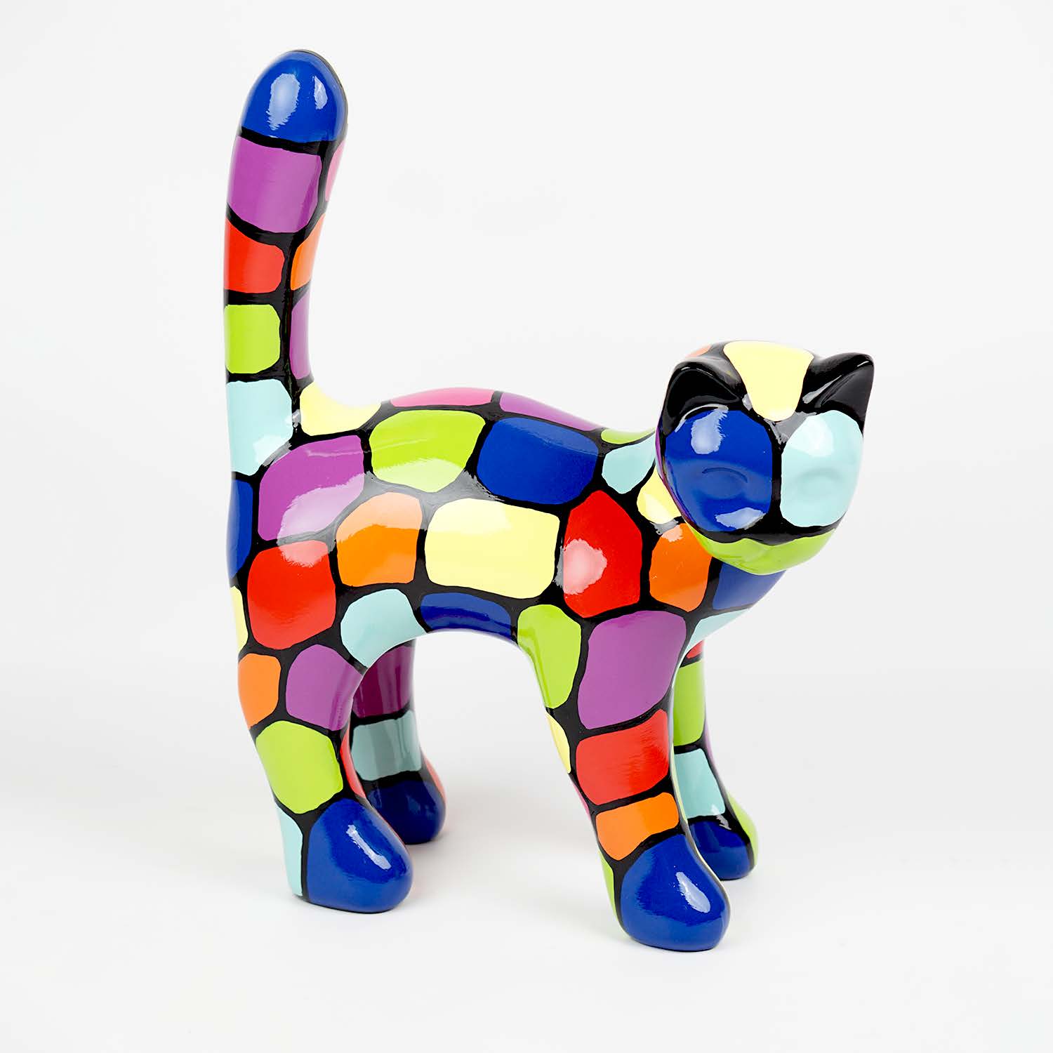 Statue de chat en résine aux motifs mosaïque multicolores