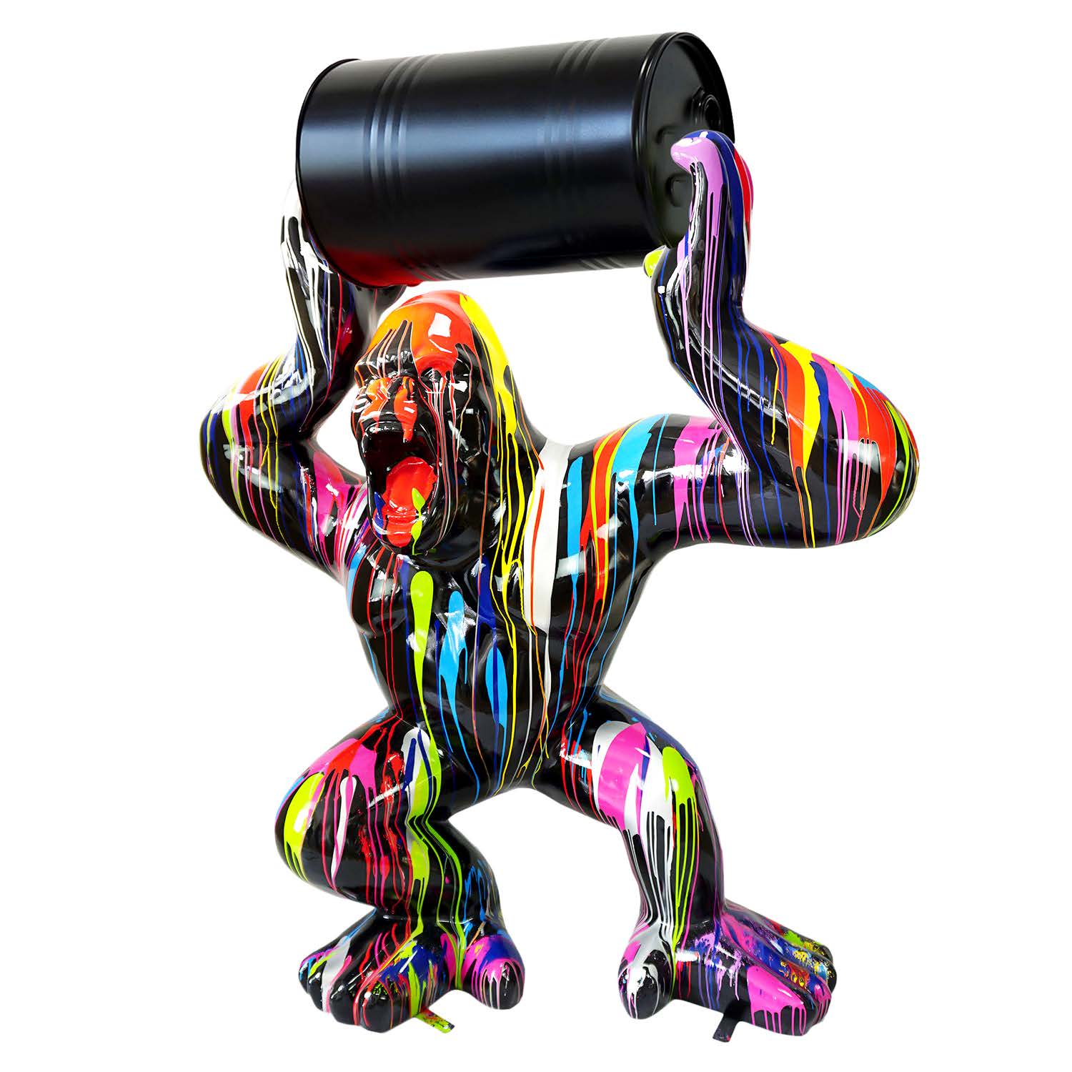 Gorille en résine multicolore portant un baril noir