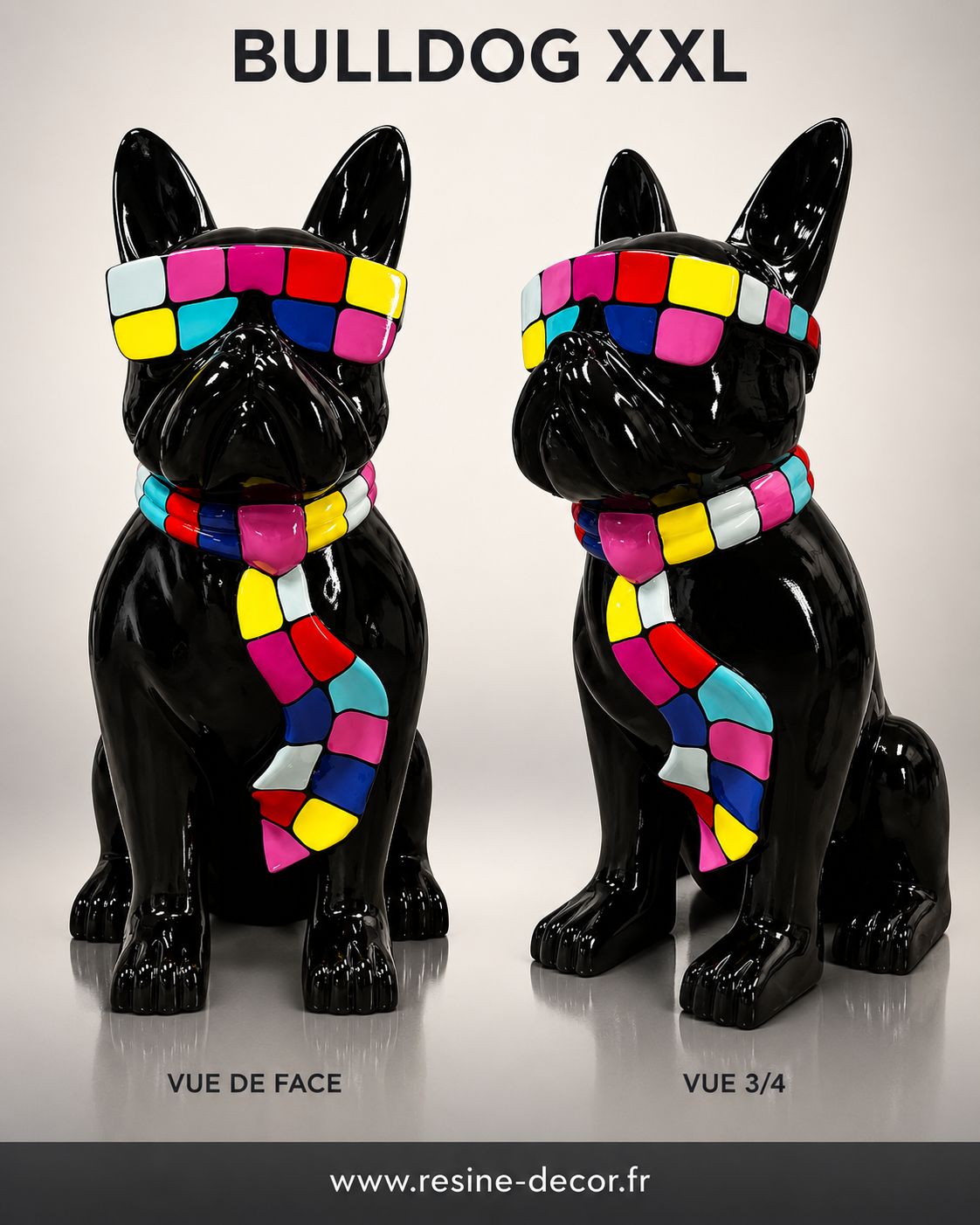 Sculpture décorative Bouledogue XXL de 122 cm en résine noire brillante avec lunettes et écharpe multicolores.