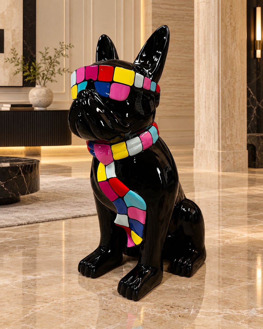 Bouledogue XXL Pop Art noir de 122 cm en résine brillante, présenté dans un intérieur haut de gamme.