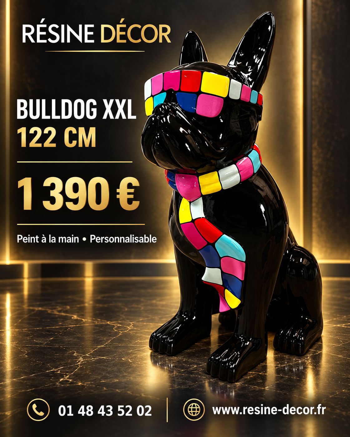 Bouledogue XXL 122 cm en résine Pop Art noire, personnalisable, présenté par Résine Décor.