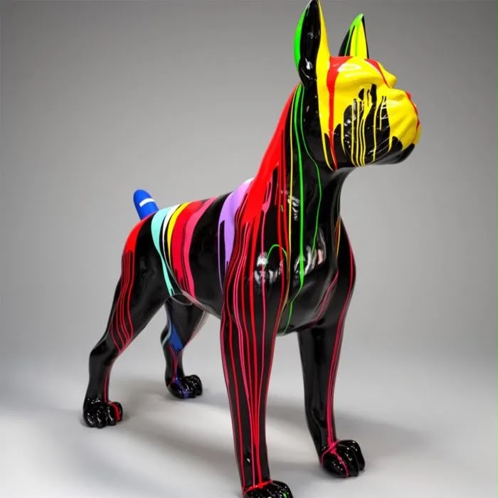 Boxer graphique noir à coulures multicolores, tête jaune, hauteur 180 cm