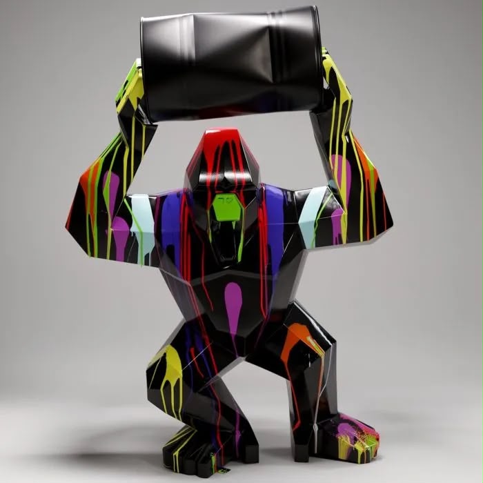 Statue gorille XL en résine de 140 cm, finition noir coloré, style Pop Art Low Poly