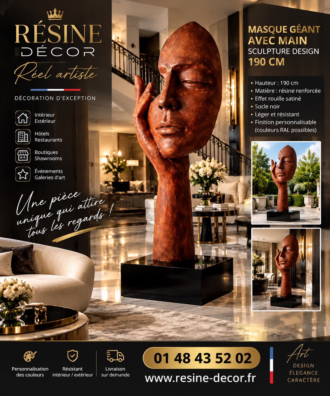 Masque géant avec main en résine 190 cm effet rouille, vue de côté