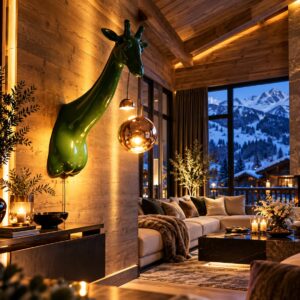 Lampe girafe murale XXL en résine de 140 cm avec luminaires cuivrés, vue principale