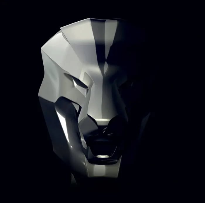 Tête de lion low poly argentée en résine, sculpture design contemporaine