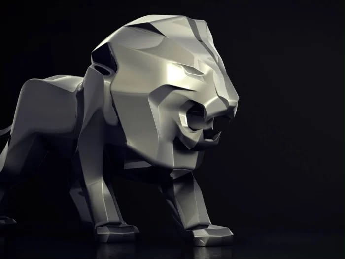 Gros plan de la tête du lion low poly argenté en résine