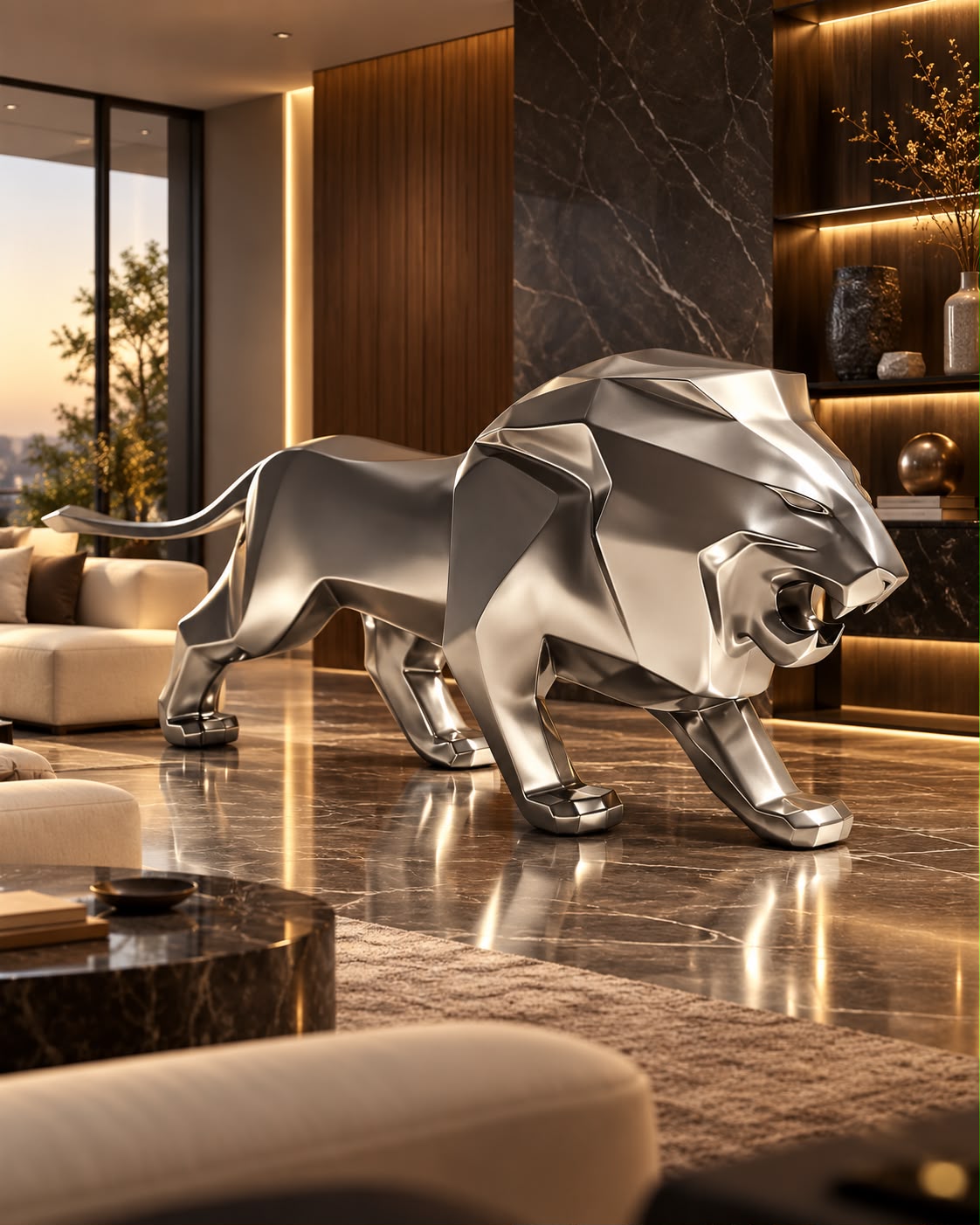Lion low poly XXL en résine finition argentée métallisée, vue de côté