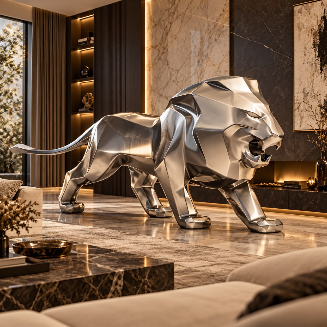 Sculpture lion low poly argentée en résine de 290 cm, vue trois quarts