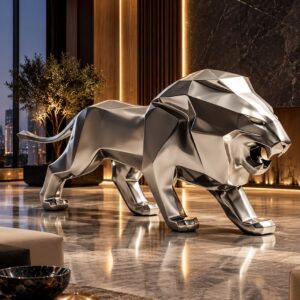 Lion low poly argenté de 290 cm dans un intérieur contemporain