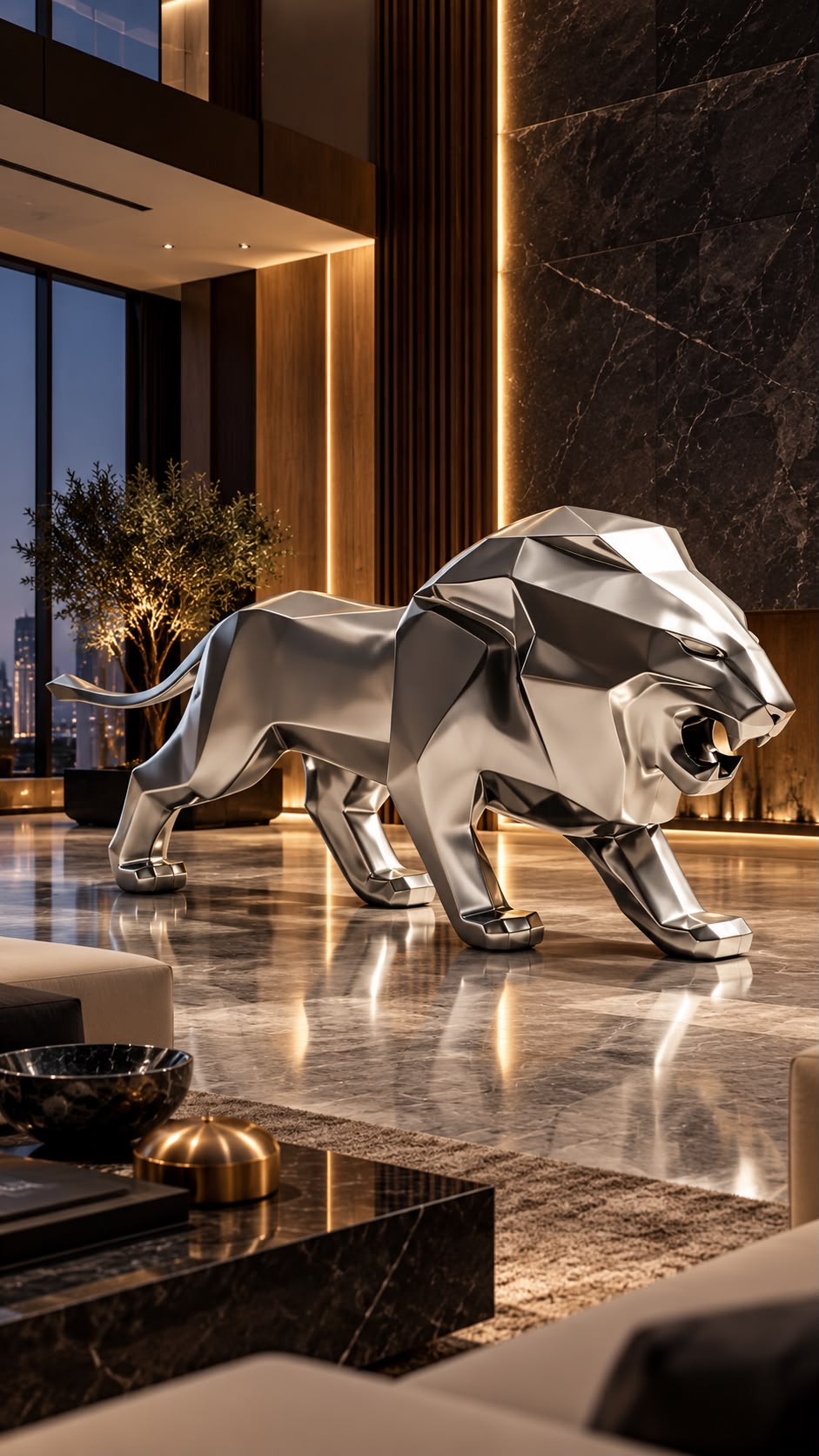 Lion low poly argenté de 290 cm dans un intérieur contemporain