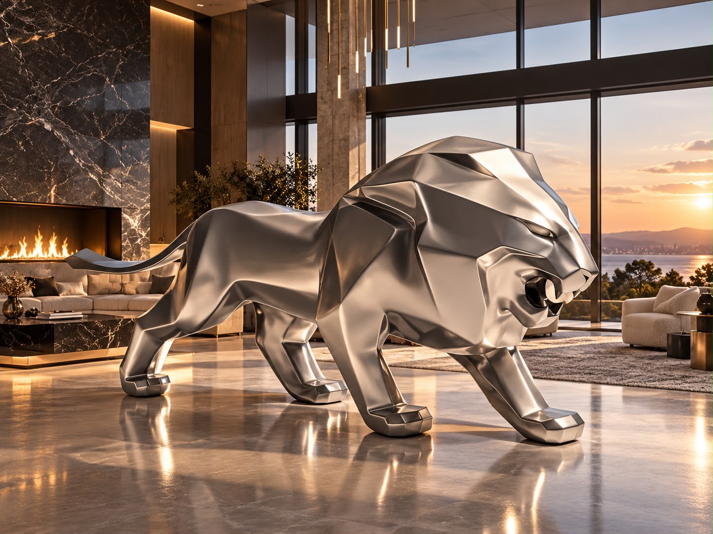 Lion low poly XXL en résine de 290 cm, finition argentée, vue complémentaire