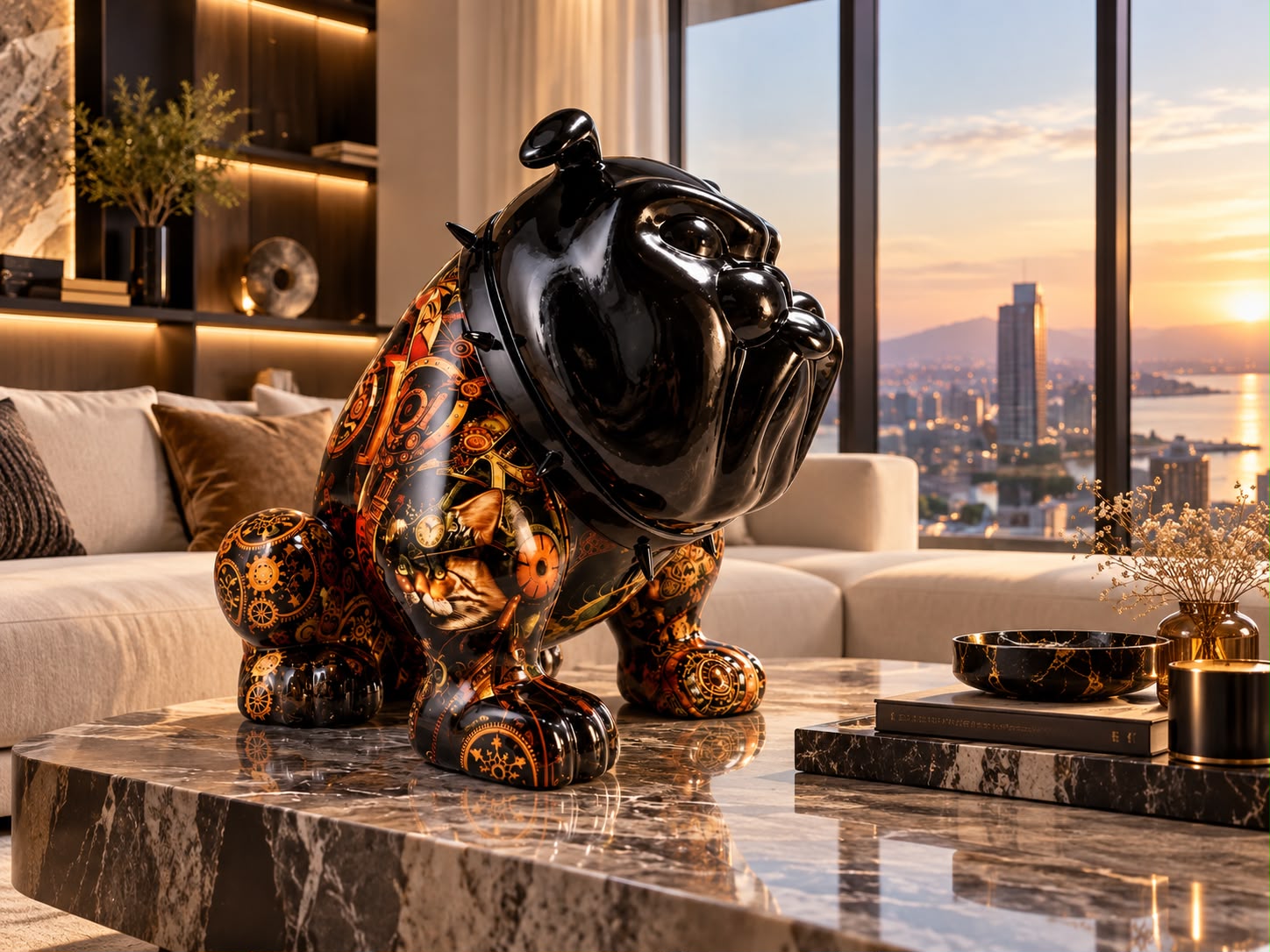 Bulldog Avella 55 cm en résine, motifs industriels colorés, vue complémentaire