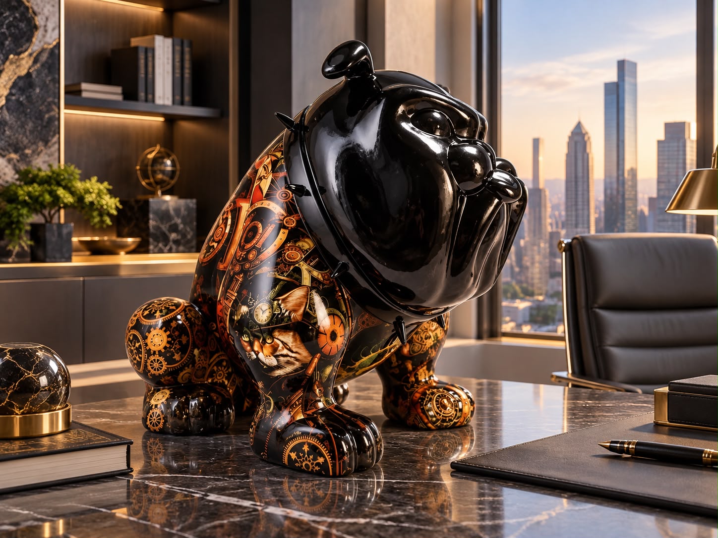 Bulldog Avella 55 cm en résine, tête noire brillante et détails mécaniques