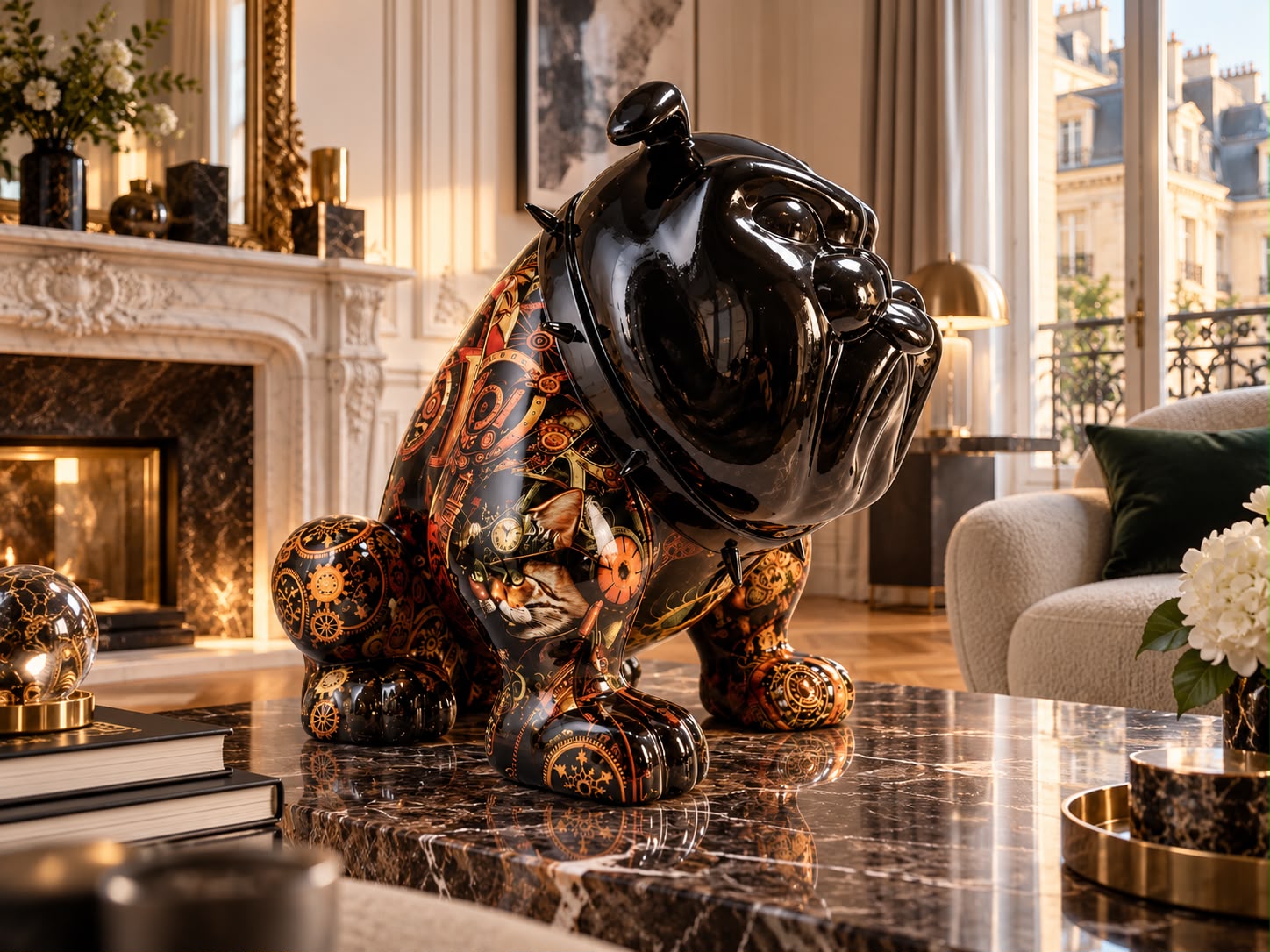 Sculpture Bulldog Avella 55 cm en résine, design steampunk coloré