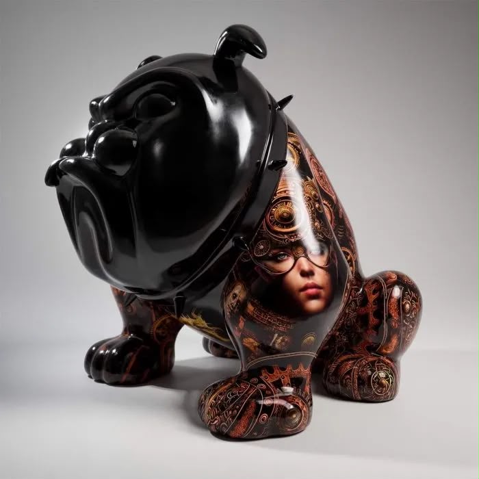 Statue Bulldog Avella 55 cm en résine, détail des motifs colorés