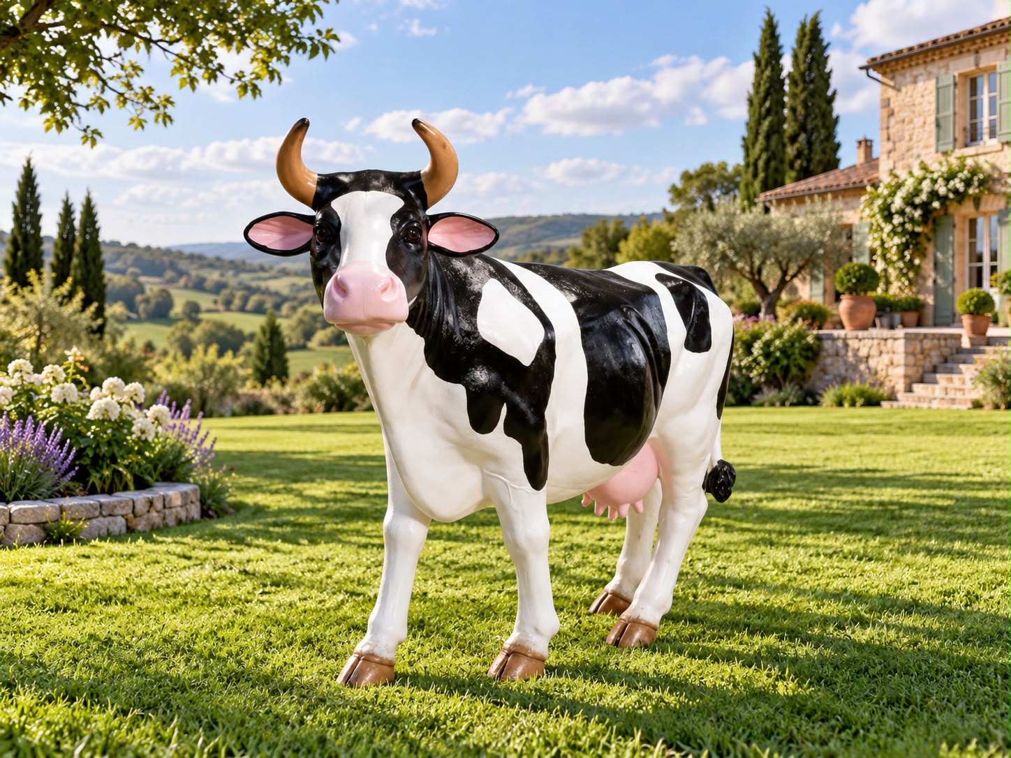 Vache grandeur nature en résine fibre de verre, sculpture publicitaire XXL noir et blanc – Vue complémentaire 4