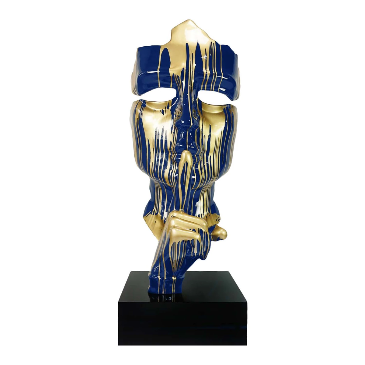 Sculpture design en résine : visage bleu et or sur socle noir